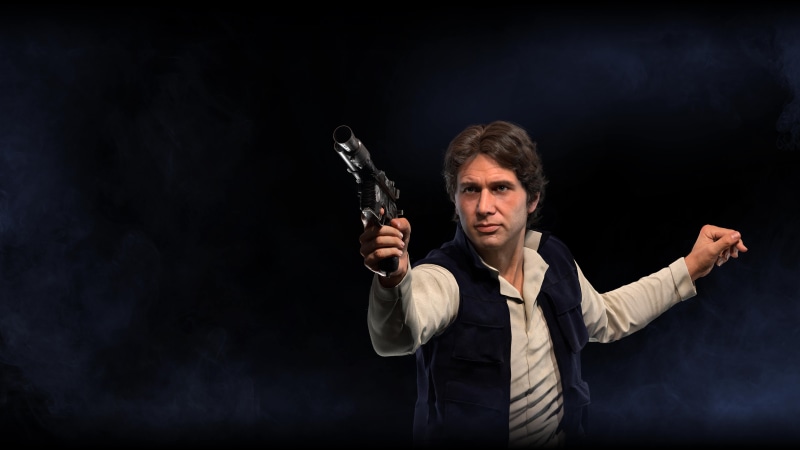 han solo, 4k, black background, well-dressed, one person, pc games, adult, 5k, xbox games, holding, human body part, negative emotion, 5K, studio shot