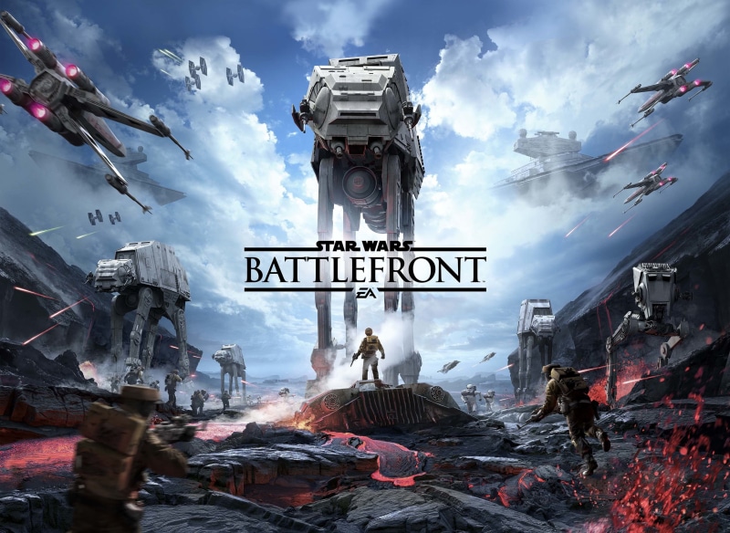 Electronic Arts, Star Wars: Battlefront, clouds, explosions, sky, lava, logos, star, soldiers, 2K, logo EA DICE, wars, battle, battlefront