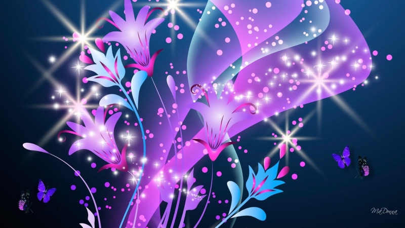 glitter, flowers, gleam, butter, scintillate, 1080P, illustration, luster, swirls, papillon, abstract, blue, tulips, purple, glint, lustre, flower, twinkle