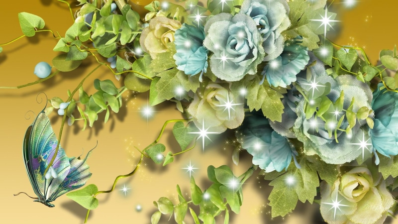 1080P, vines, aqua, illustration, gleam, gold, lustre, leaves, butterfly, glint, scintillate, flowers, luster, wink, green, twinkle, glitter, blue