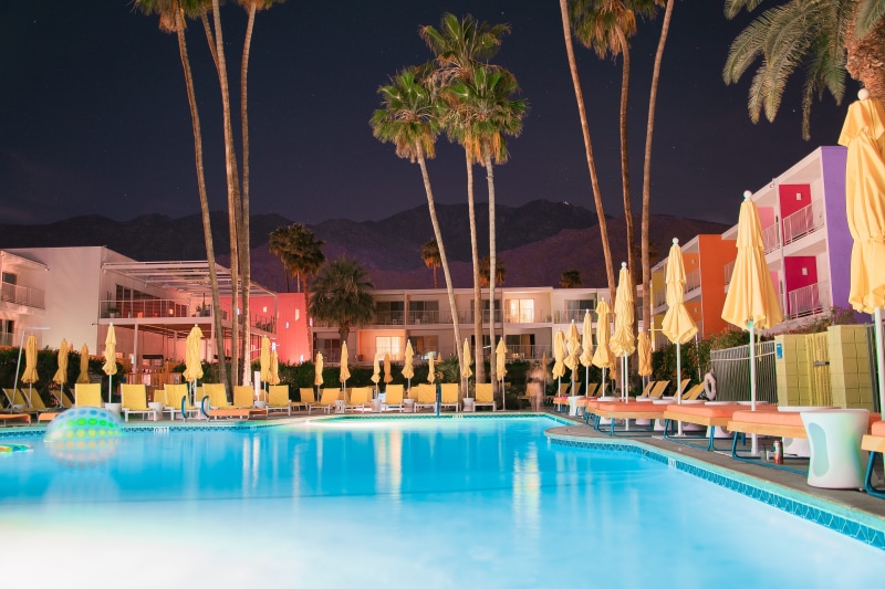 5K, yellow, hotel, tree, empty, travel destinations, night, palm tree, palm, swimming, pool, photography, blue, mountain, two, nature, chair, umbrellas