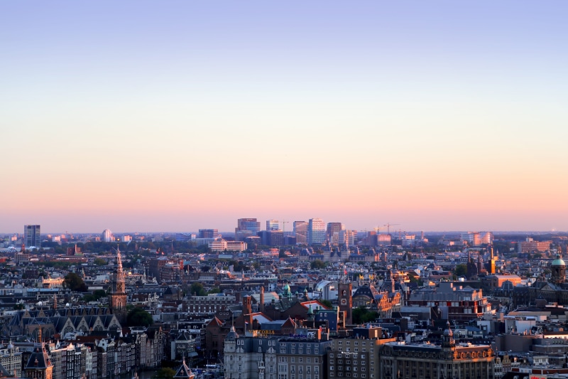 sunset, city life, city, skyline, skyscraper, tall - high, sky, holland, evening, building, landscape, financial district, crowded, amsterdam, travel, modern