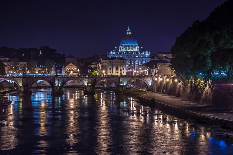 bridge, river, Rome, Italy, night, St. Peters Cathedral, lights, The Tiber, 1080P
