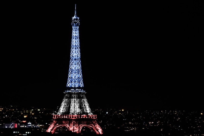 built structure, french, lighting, special, colorful, blue, celebration, tower, red, paris - France, france, july, building exterior, holiday, illuminated