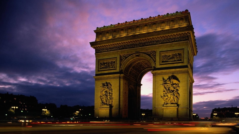 city, outdoors, light trail, triomphe, monument, architecture, travel destinations, arch, sky, 1080P, night, street, Arc de Triomphe, cloud - sky, triumphal arch