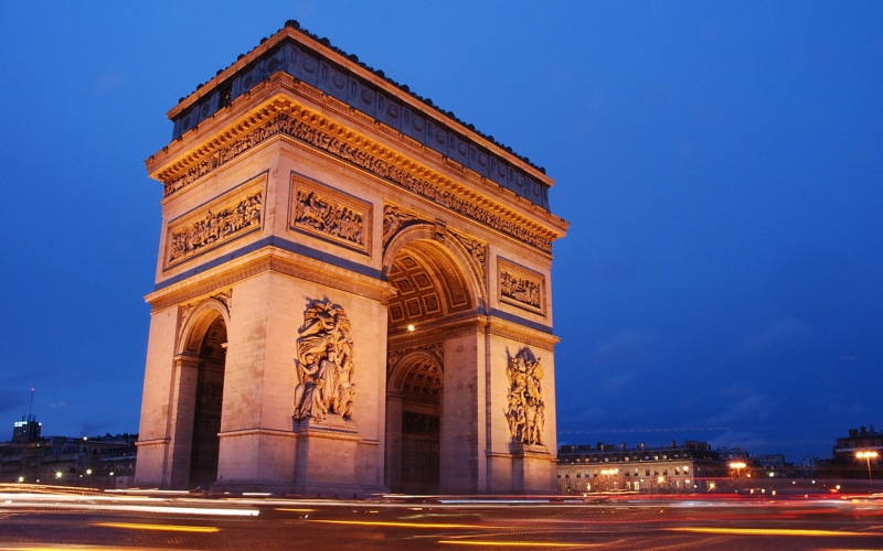 monument, travel destinations, Arc de Triomphe, 1080P, nature, road, Paris, illuminated, motion, arch, history, speed, night, monuments, ornate, built structure