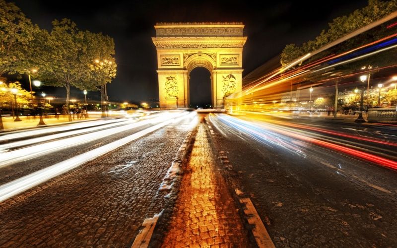 outdoors, building, transportation, architecture, built structure, light trail, night, cityscape, Paris, building exterior, speed, monument, photo, history