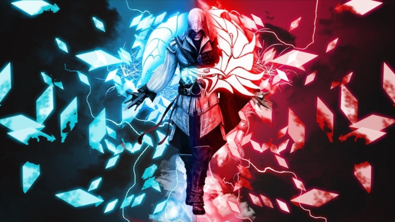 low angle view, indoors, Ezio Auditore da Firenze, glowing, nature, arts culture and entertainment, event, s, illuminated, assassin, Assassins Creed, red