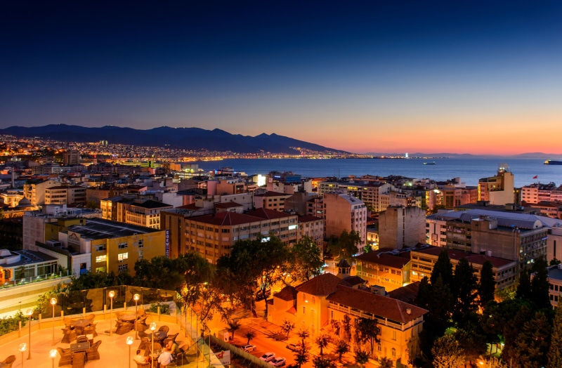 4K, Izmir, landscape, lights, night, Turkey, houses, coast, mountains, sea