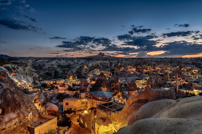 mountains, rocks, home, the sky, the evening, Cappadocia, Turkey, lights, 1080P