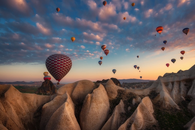 1080P, the evening, balloons, Cappadocia, Turkey, tuff, rocks, Materov.
