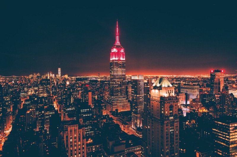 architecture, building exterior, building, illuminated, lights, financial district, sky, empire, york, modern, crowd, cityscape, urban skyline, travel destinations