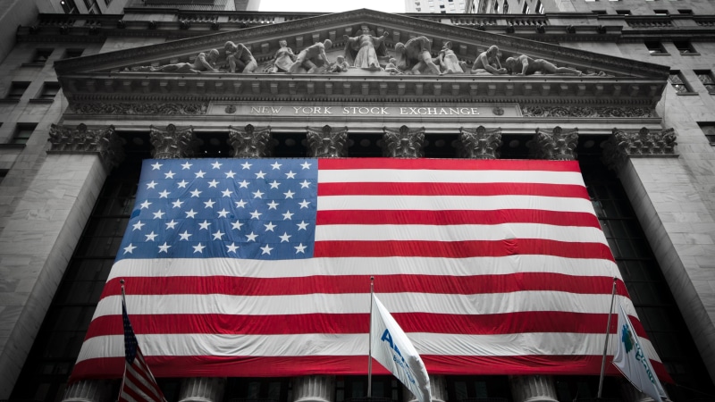 Wall Street, city, architecture, New York City, 4K, New York Stock Exchange, flag, North America