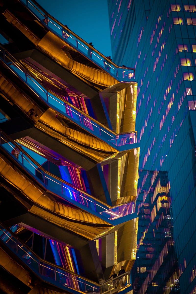 neon photography, the vessel, midtown, neon, residential district, outdoors, building exterior, built structure, nature, office building, structure, city