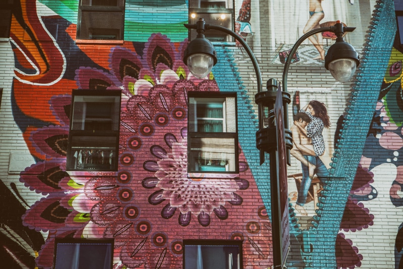 religion, craft, architecture, human representation, wall, brick, 4K, outdoors, graffiti, house, New York City, brick wall, hanging, coloured, urban Scene