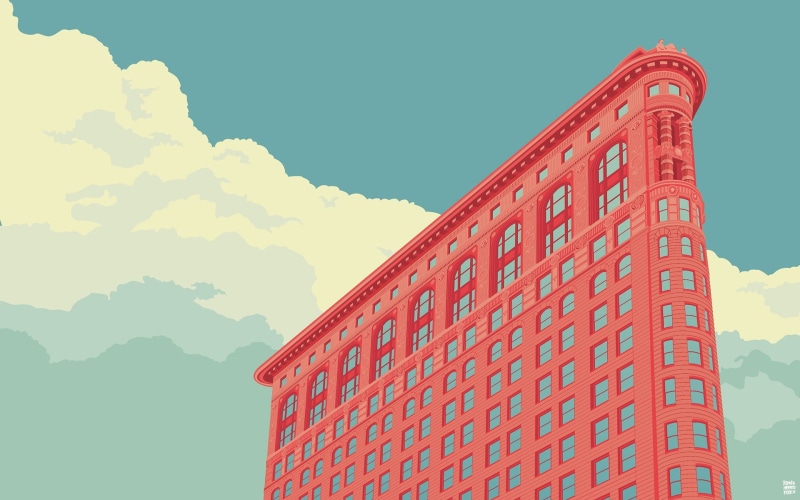 widow, 1080P, Remko Heemskerk, New York City, clouds, illustration, USA, digital art, building, minimalism, Flatiron Building