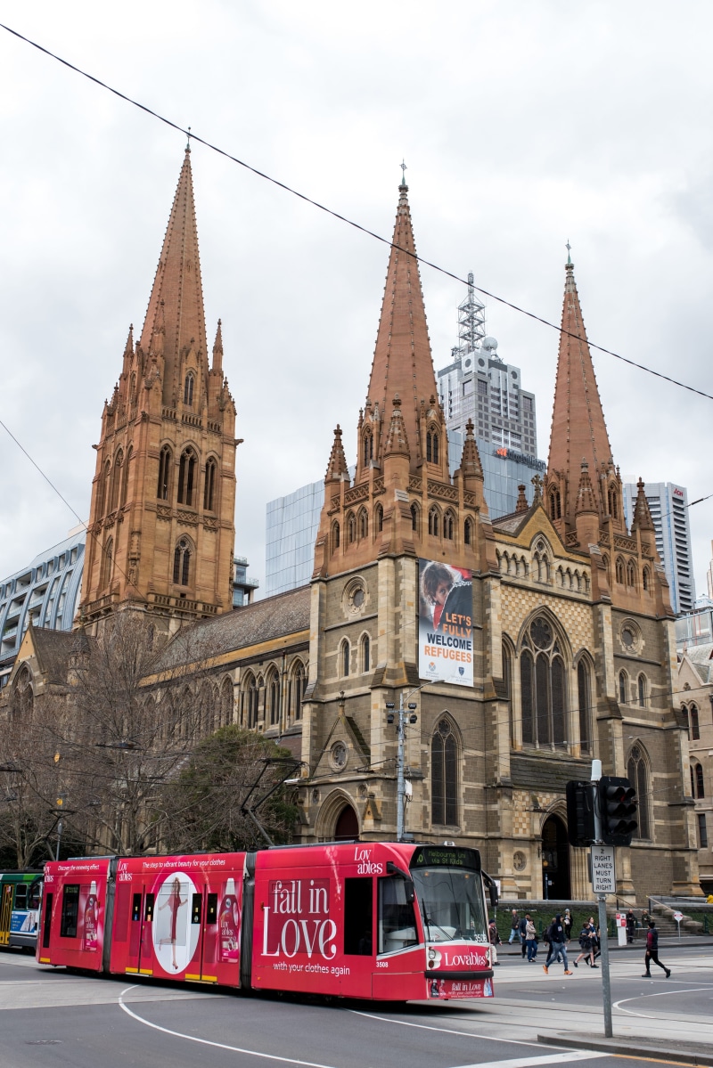 city, melbourne, sky, architecture, building, land vehicle, spirituality, transportation, outdoors, belief, place of worship, spires, spire, building exterior