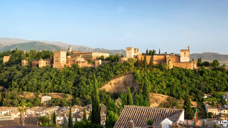 fortress, building exterior, residential district, clear sky, granada, day, historic, nature, high, village, town, landscape, house, the past, mountain