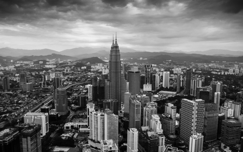 4K, monochrome, Petronas Towers, Kuala Lumpur, city, aerial view