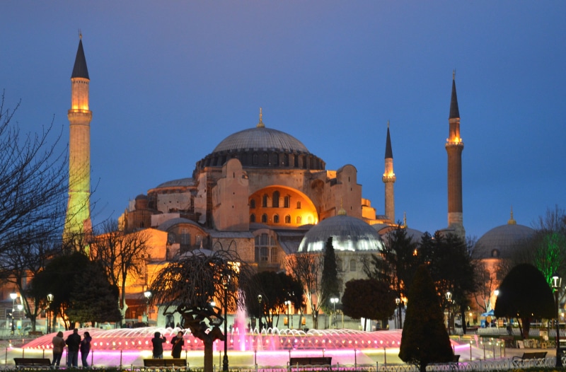 tourism, hagia sophia, night, islam, place of worship, tourist attraction, religion, byzantium, blue, illuminated, istanbul, outdoors, tree, landmark, islamic