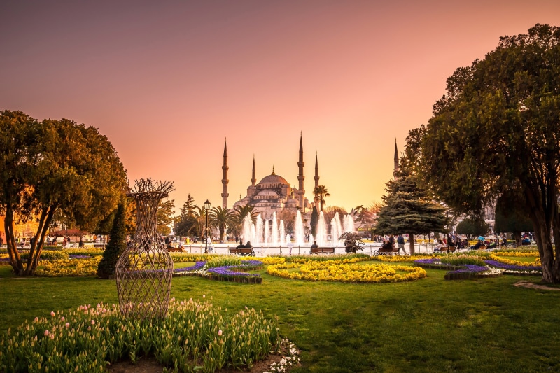 Turkey, Sultan Ahmed Mosque, Fountain, Istanbul, 2K, Blue Mosque, Park, Mosques