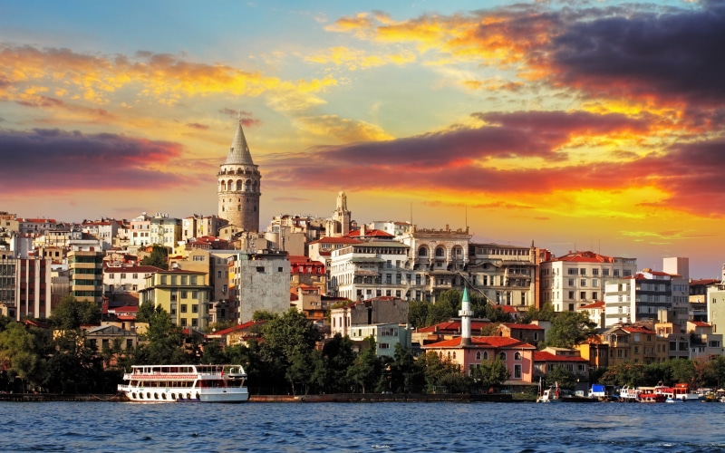 Galata Tower, ferry, Sea of Marmara, turkey, near, 2K, city, high, photo, Nature, ship, rise, ocean, Buildings, Istanbul, Sunset
