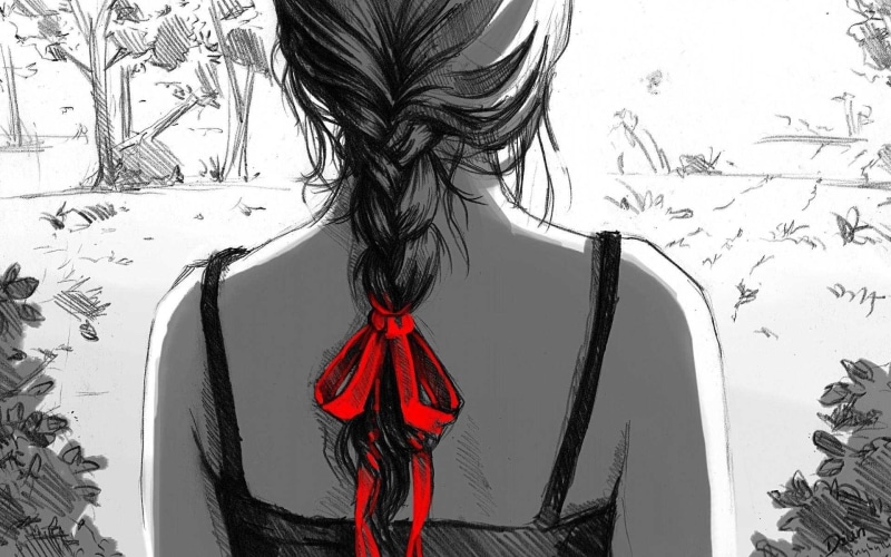 hanging, long hair, indoors, women, adult, clothing, sketch, lifestyles, one person, selective coloring, braids, real people, human hair, wall - building feature