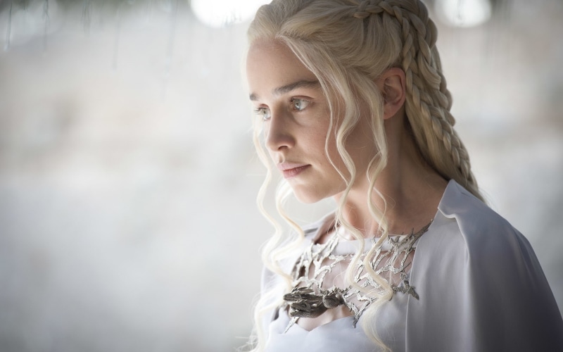 women, face, white dress, TV, 1080P, blue eyes, braids, Game of Thrones, Emilia Clarke, white, blonde, depth of field, Daenerys Targaryen