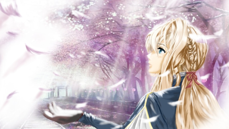 Cherry Blossom, Anime, Blush, Girl, Long Hair, 1080P, Sunbeam, Ribbon, Violet Evergarden (Character), Violet Evergarden (Anime), Blonde, Braid, Blue Eyes