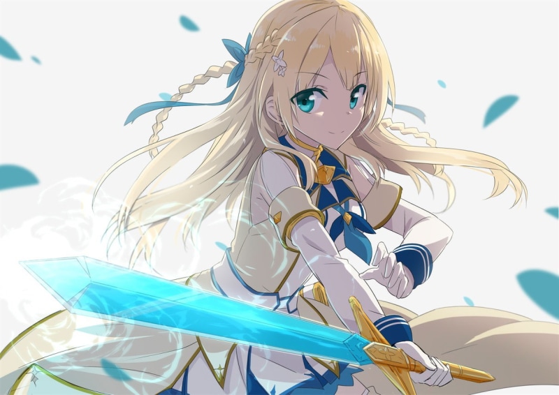 creativity, white dress, 480P, gloves, representation, turquoise colored, nature, sword, magic, pattern, outdoors, day, ribbon, anime girls, anime, blonde