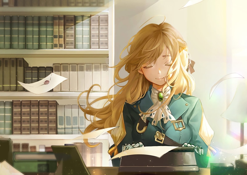 Letter, Uniform, Smile, young adult, table, Sunbeam, indoors, Violet Evergarden (Anime), beautiful woman, publication, Blonde, window, waist up, real people