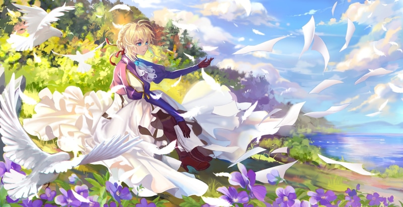 clouds, (character), aqua, konachan, 1080P, ana, sky, flowers, water, ribbons, violet, evergarden, paper, blonde, eyes, braids, 261369, hair, dress, com