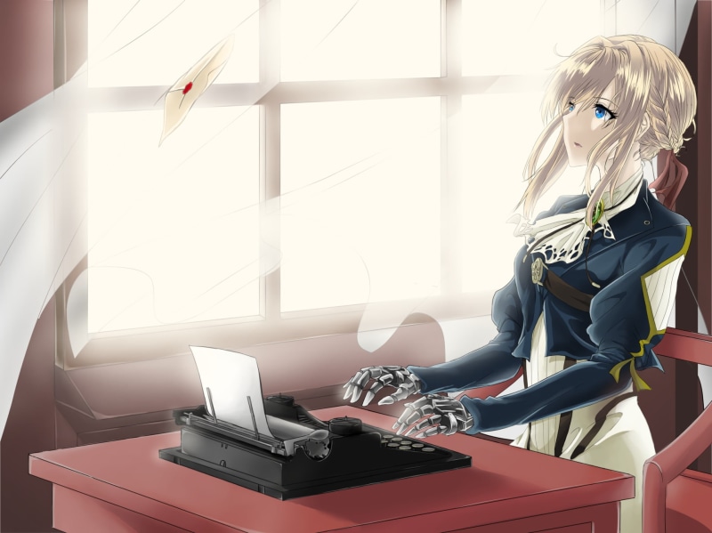 Violet Evergarden (Character), Long Hair, Braid, Uniform, Violet Evergarden (Anime), 1080P, Letter, Blonde, Anime, Violet Evergarden, Blue Eyes, Typewriter