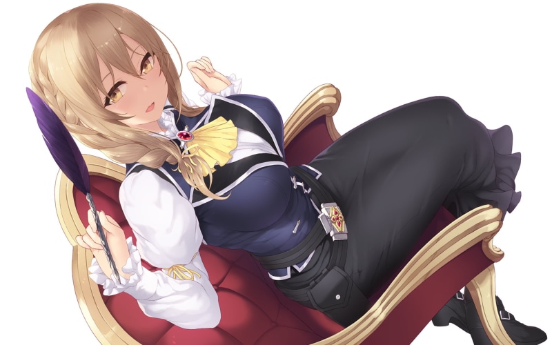 Goblin Slayer, drawing, blonde, Cait, yellow eyes, anime girls, fan art, armchairs, high angle, anime, braided hair, sitting, simple background, smiling