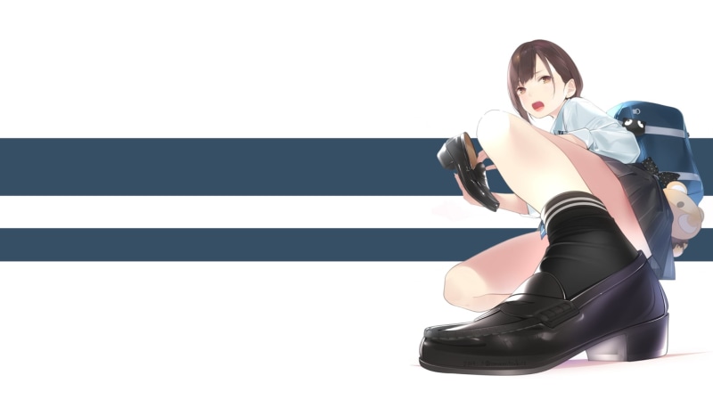 suggestive, anime, anime girls, shirt, simple background, white, backpacks, artwork, original characters, 2D, amamitsuki12, open mouth, squatting, blue