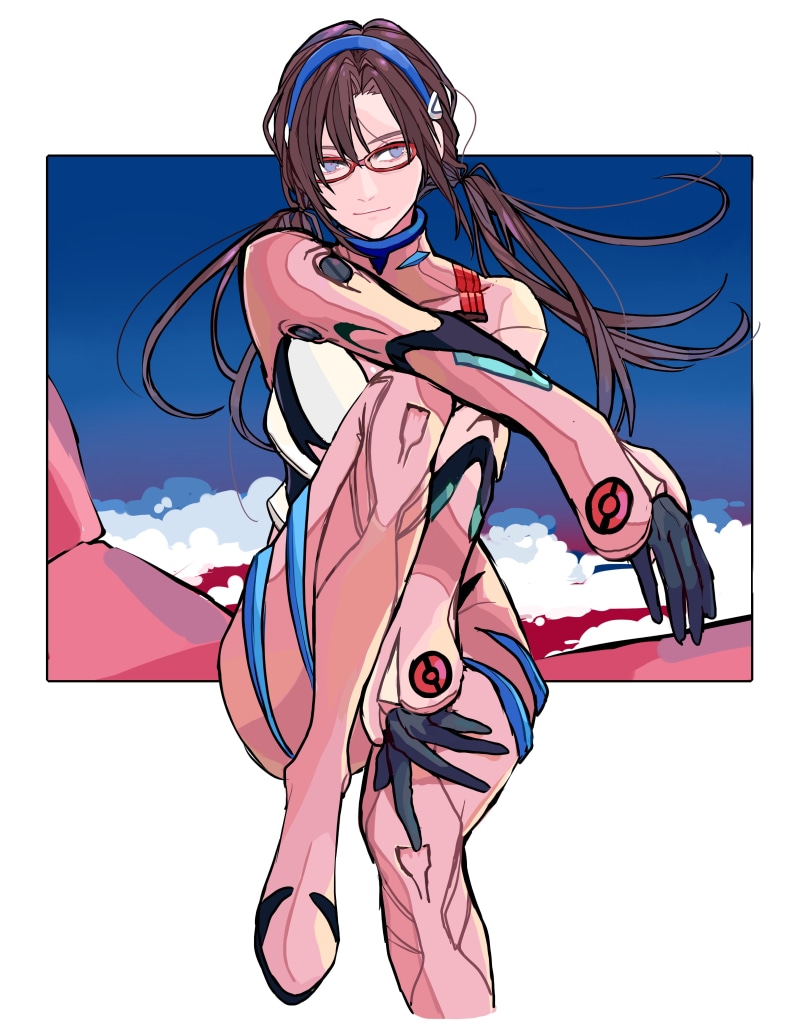 looking at viewer, clear sky, vertical, anime girls, brunette, fan art, Makinami Mari Illustrious, blue eyes, curvy, thighs, long hair, 4K, pigtails, 2D