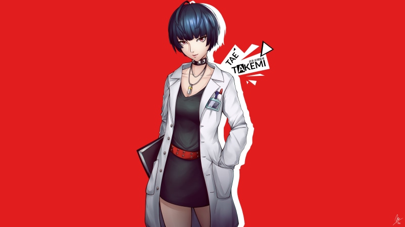 short hair, Persona 5, artwork, Blueriest, simple background, red eyes, digital art, anime girls, red background, Tae Takemi, looking at viewer, drawing