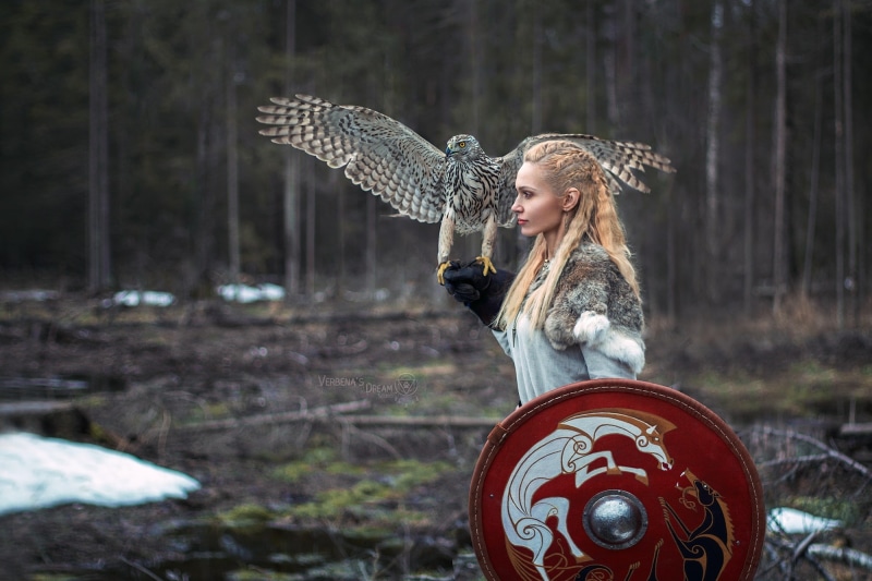 1080P, shield, cosplay, women, fantasy girl, blonde, model, Darya Lefler, Braided hair, portrait, eagle, depth of field, Vikings, costumes, outdoors, forest