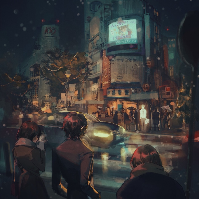 city, illuminated, adult, kurusu akira, building exterior, city life, crowd, anime rpg games, night, men, street, persona 5, leisure activity, sitting