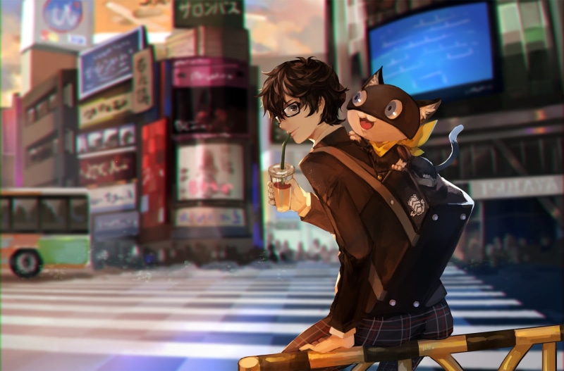 sunglasses, lifestyles, young women, casual clothing, women, leisure activity, focus on foreground, bonding, drinking, morgana, city, two people, persona 5