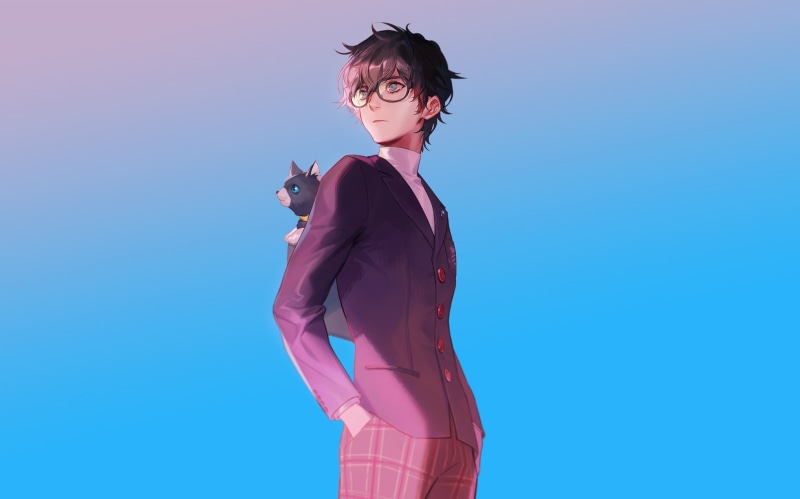 blue, pink color, beautiful woman, Anime, beauty, hairstyle, kurusu akira, glasses, young women, sky, 1080P, one person, women, lifestyles, real people