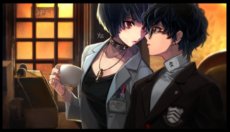 suit, adult, clothing, auto post production filter, females, well-dressed, headshot, indoors, 720P, two people, Akira Kurusu, Persona 5, focus on foreground