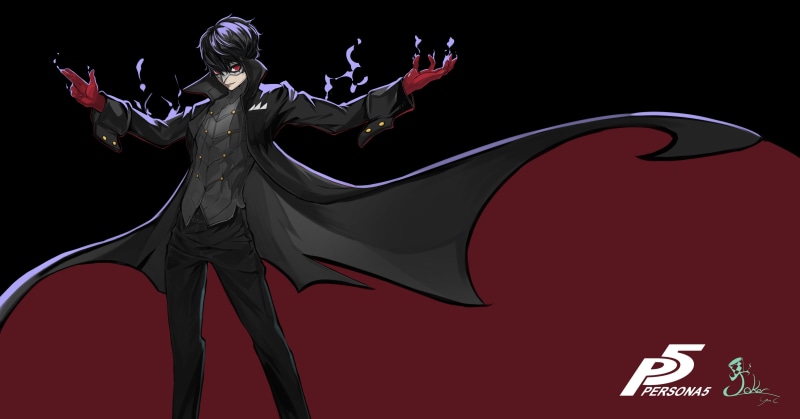 mask, 4K, konachan, com, gloves, hair, signed, red, eyes, persona, akira, 242848, short, male, black, all, kurusu