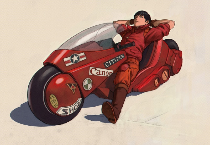 Shotaro Kaneda, fan art, motorcycle, Akira, 720P, Ilya Kuvshinov, 2D, short hair, anime boys, black hair, red clothing, simple background