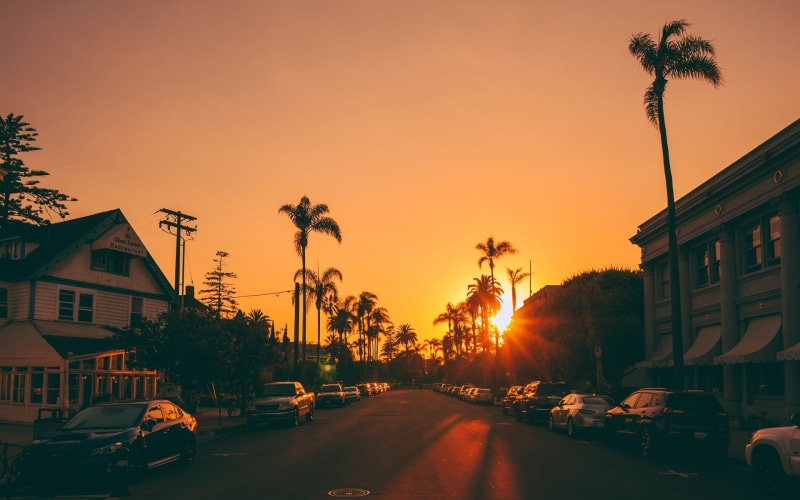 sunset, road, 1080P, city, Sun, palm trees