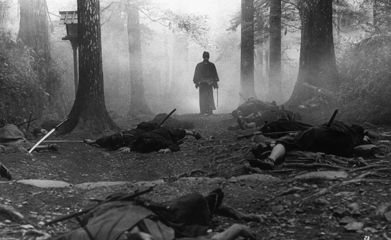 solitude, standing, 2K, woodland, real people, plant part, fog, forest, day, men, long, full length, tree, outdoors, leaf, sword, plant, grayscale, Vintage