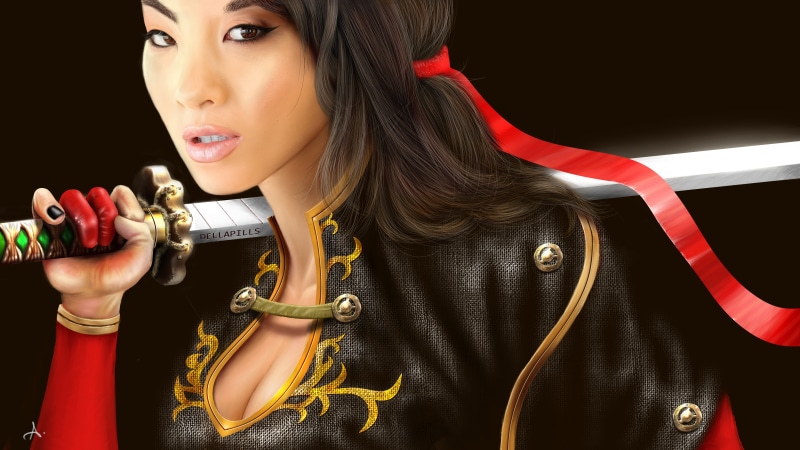lifestyles, holding, two people, illustration, young women, indoors, black background, portrait, Asa Akira, 8K, music, front view, hairstyle, beautiful woman