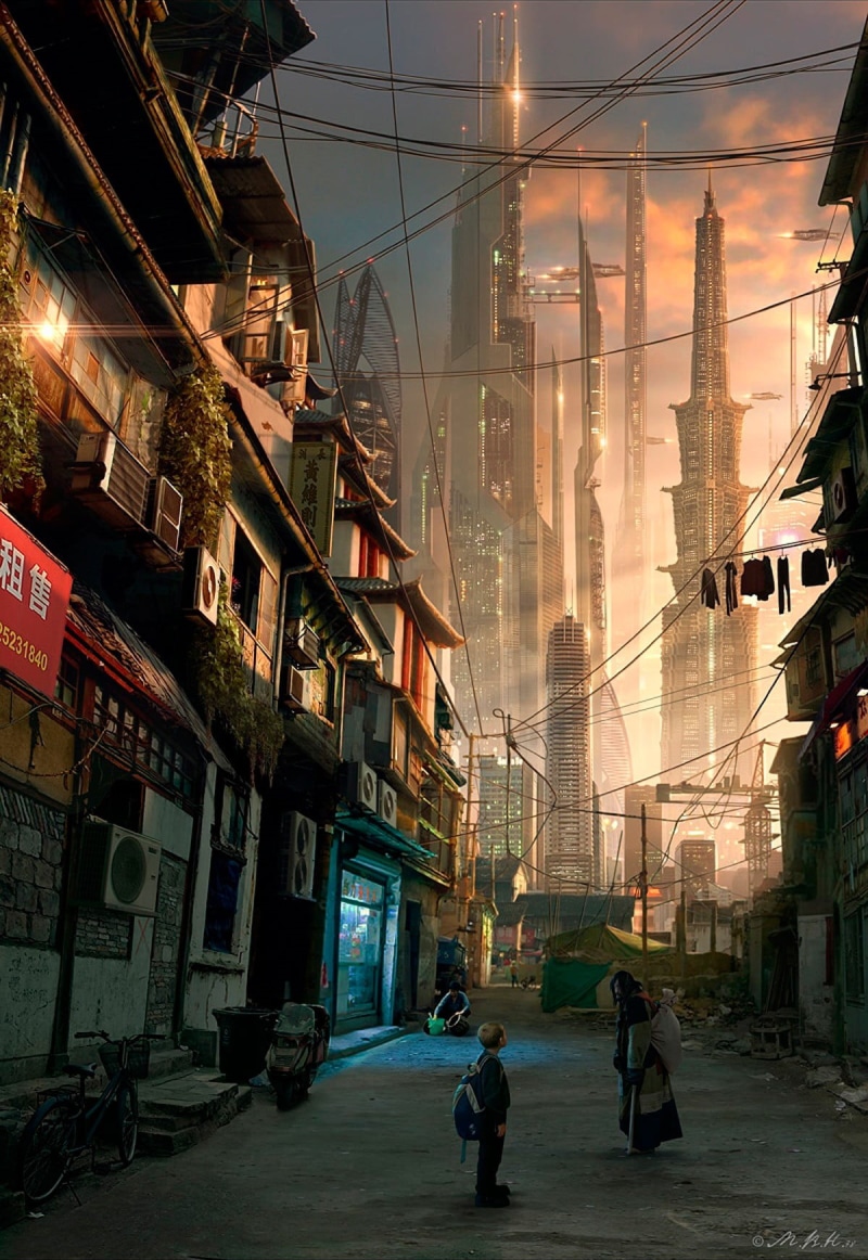 alley, near, alleyway, city life, built structure, buildings, people, cityscape, men, transportation, building exterior, child, futuristic, residential district
