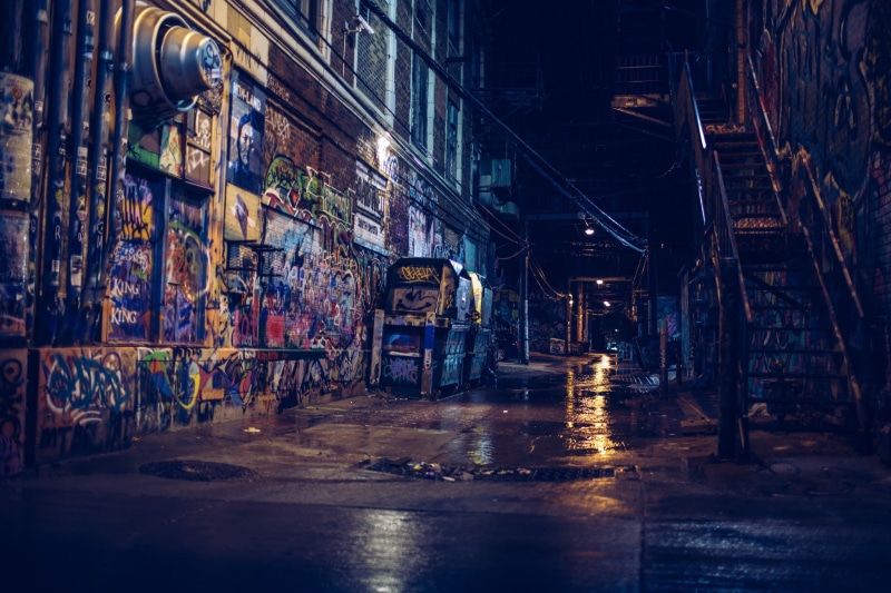 night, photography, street, alleyway, graffiti, 1080P, building, reflection, city, stairs
