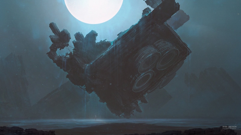 nature, silhouette, no people, close-up, outdoors, sky, Kuldar Leement, spaceship, sea, night, digital, 1080P, scenics - nature, fan art, moon, water